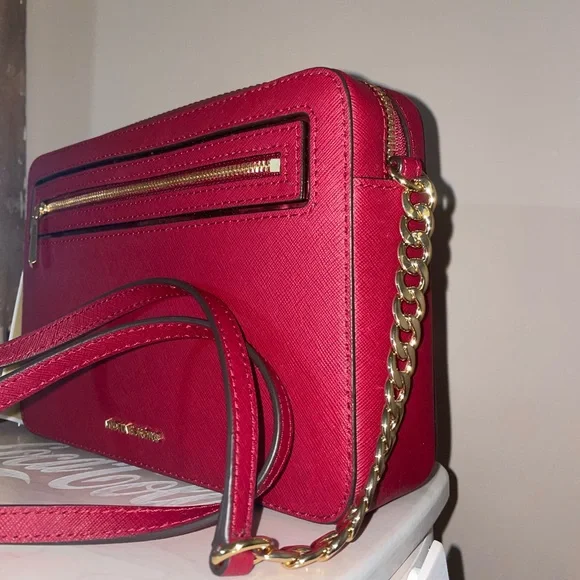 Michael Kors LG Frame Out Item Cherry Red Cross Grain Leather Crossbody Bag - Picture 4 of 16